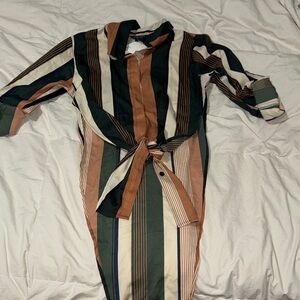 Striped Tie-Front Blouse in Green, Brown & Cream